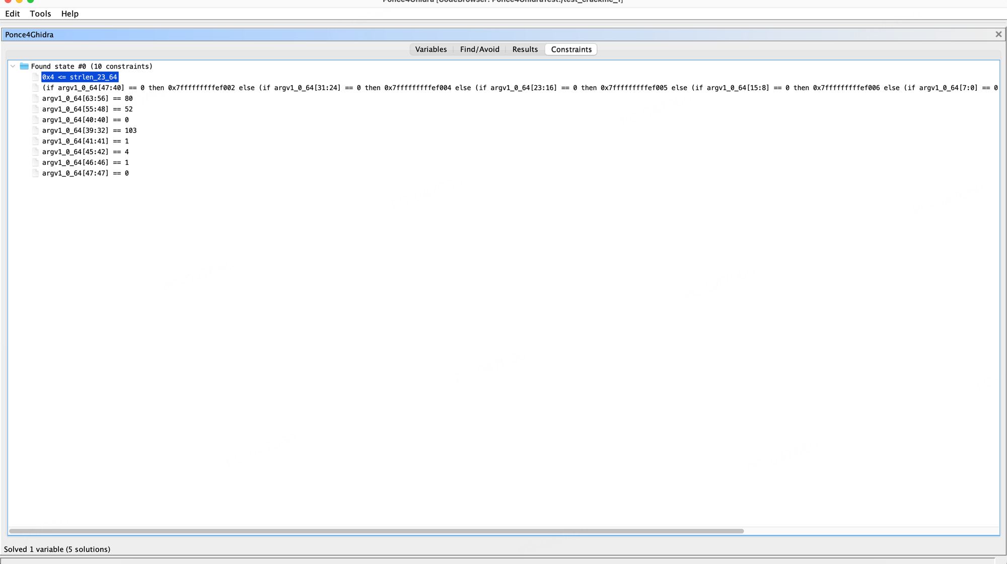 Ponce4Ghidra Constraints tab showing solved constraints for test_crackme