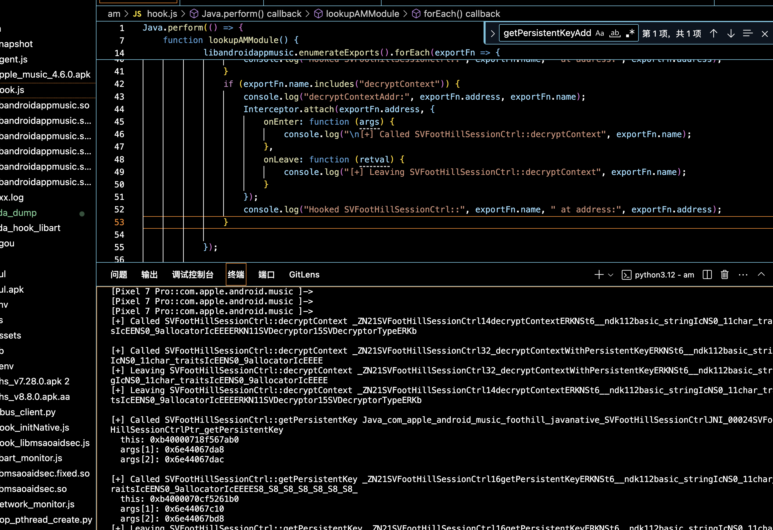 VS Code Frida hook 脚本与终端输出