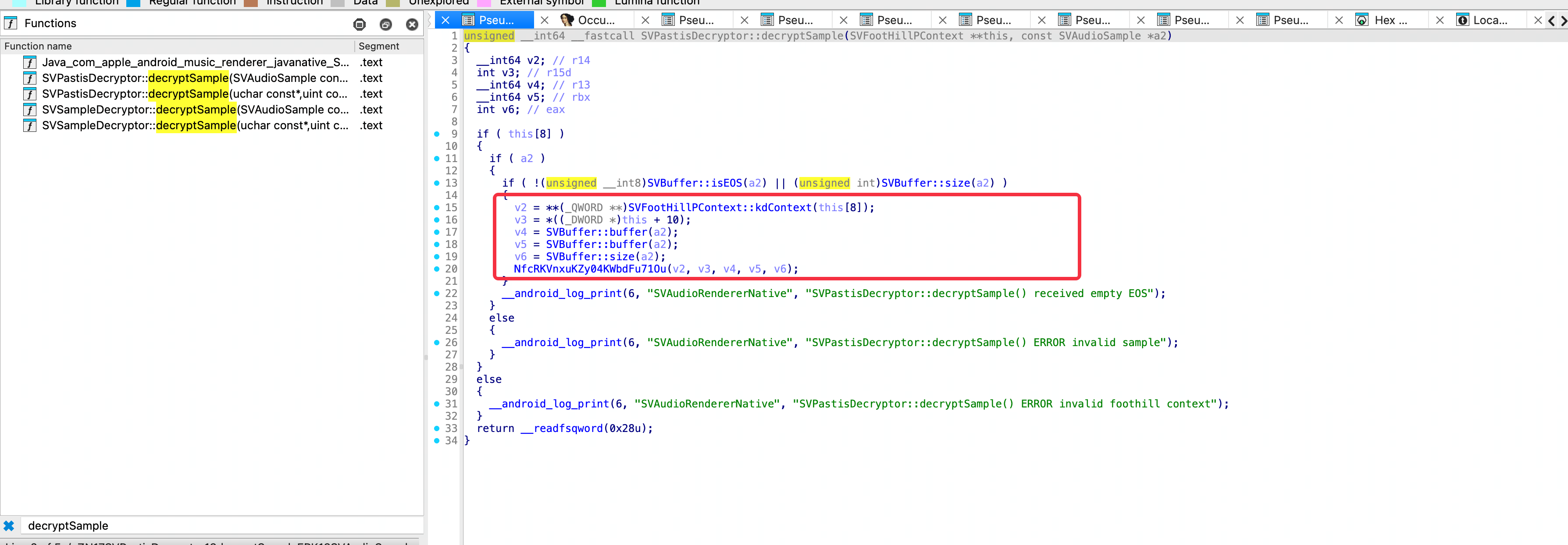 IDA Pro decryptSample 中的 NfcRKV 调用